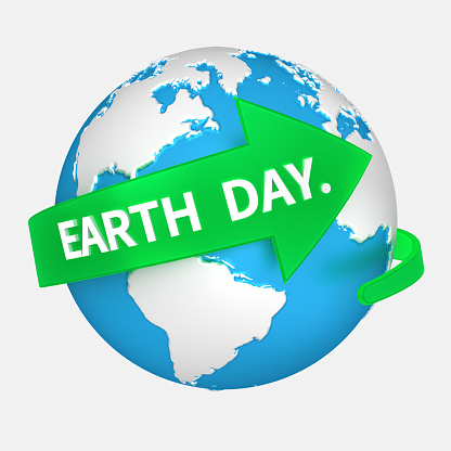Happy Earth Day. Globe icon with green arrow abstract concept. 3d illustration isolated on white background.