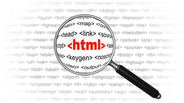 Photo of Magnification glass and HTML coding. Finding html tags concept. Software developer and internet programming java script language. PHP and CSS web design concept. Metadata and SEO technology.