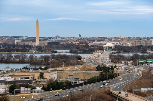 Aerial view of the Washington DC skyline including the Washington Monument at dusk
