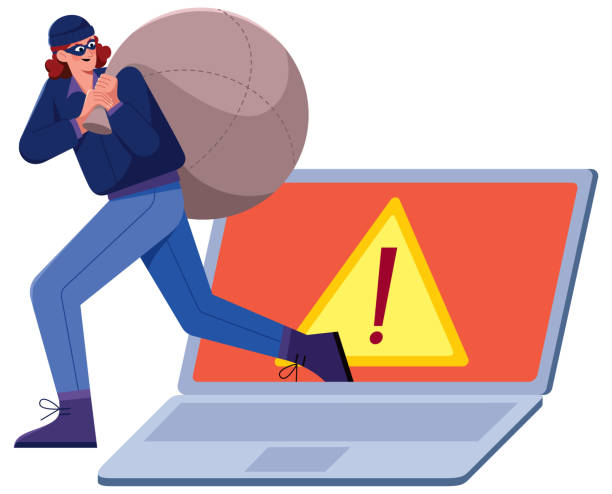 Internet Scam Concept Flat design illustration for internet scam, with hacker running away with the loot from laptop screen. cartoon burglar stock illustrations
