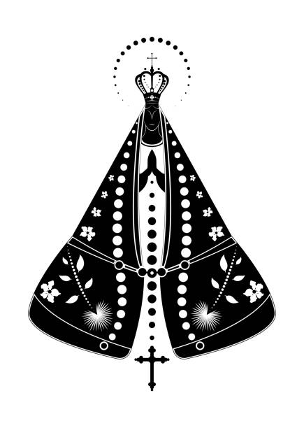 ilustrações, clipart, desenhos animados e ícones de nossa senhora apareceu preto e branco, virgem maria imaculada ilustração vetorial isolada no fundo branco - nossa senhora aparecida