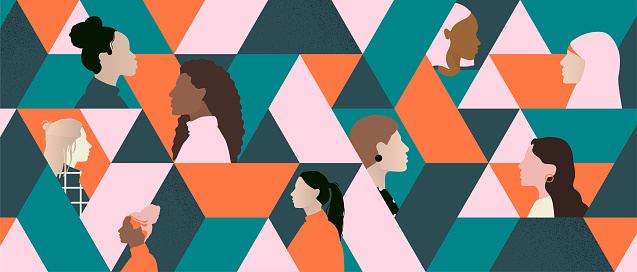 diversity women profile silhouette illustration. abstract background of powerful diverse woman social network, community, communication and exchanging business ideas and knowledge.