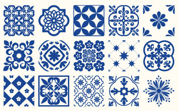 illustrations, cliparts, dessins animés et icônes de motif de carreaux portugais bleus - vecteur azulejos, carreaux de design d’intérieur de mode - sol carrele