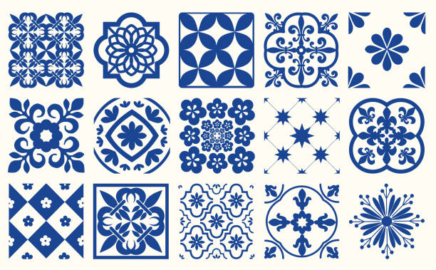 ilustrações de stock, clip art, desenhos animados e ícones de blue portuguese tiles pattern - azulejos vector, fashion interior design tiles - lisboa