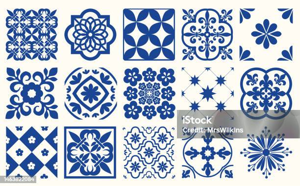 Blue Portuguese Tiles Pattern Azulejos Vector Fashion Interior Design Tiles - Arte vetorial de stock e mais imagens de Padrão