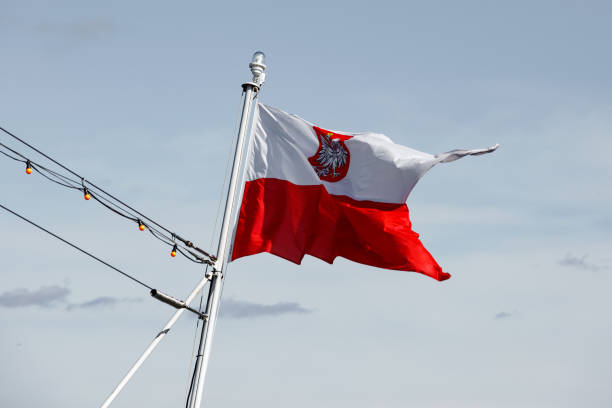 istock Waving Polish flag with a national emblem. 1463823119