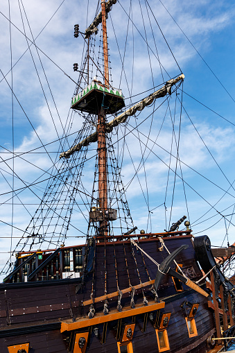 Masts and rigging of sail vessel on a sky background