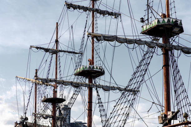 istock Sailing ship mast with rigging and cables against the sky. 1463823360