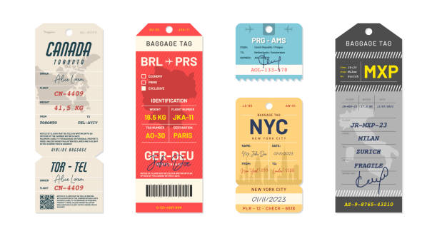 Baggage tags and travel tags. Luggage tags and labels for airport transportation industry. Set of luggage labels and stickers for travelers Baggage tags and travel tags. Luggage tags and labels for airport transportation industry. Set of luggage labels and stickers for travelers. Vector old luggage tag stock illustrations