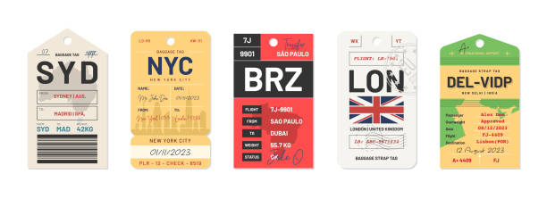 ilustrações de stock, clip art, desenhos animados e ícones de baggage tags and travel tags. luggage tags and labels for airport transportation industry. set of luggage labels and stickers for travelers - suitcase travel luggage label