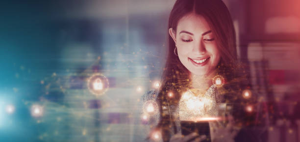 istock Business woman, future overlay and phone cryptocurrency data at night with cybersecurity light. Digital, happy employee and financial worker working with ux information technology with a smile 1463824097