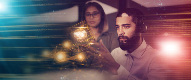 istock Hologram, call center and business people at night working on software, database and networking. Information technology, customer support and man and woman consultant with 3d abstract for innovation 1463824108