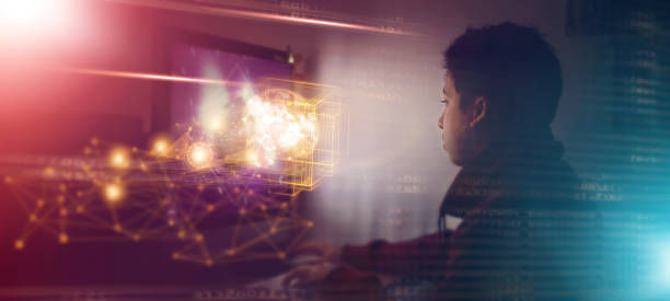 istock Man, computer and overlay in night with space for mockup, innovation or development in office. Information technology, web design expert and 3D hologram abstract for planning, coding or cybersecurity 1463824119