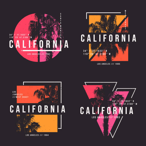 illustrations, cliparts, dessins animés et icônes de californie, design de t-shirt de los angeles. motif imprimé de t-shirt avec palmier. collection de design de t-shirt avec typographie et palmier tropical pour tee print, vêtements et vêtements - text surfing surf palm tree