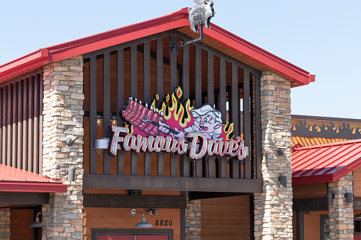 Greenwood - Circa August 2022: Famous Dave's Bar-B-Que Restaurant. Famous Daves slab of ribs and mac and cheese are legendary.