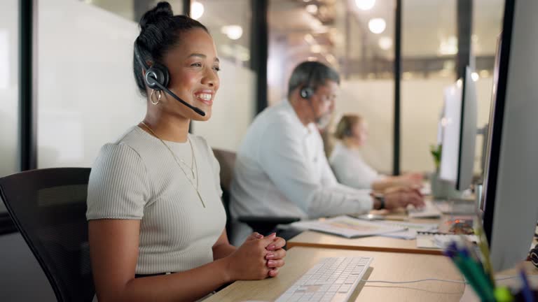 Contact us, telemarketing and crm, black woman in customer service with headset and smile on face. Happy to help, call center agent or sales consultant on phone call, support and consulting online.