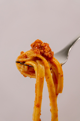 Close up of a fork with tagliatelle al ragu