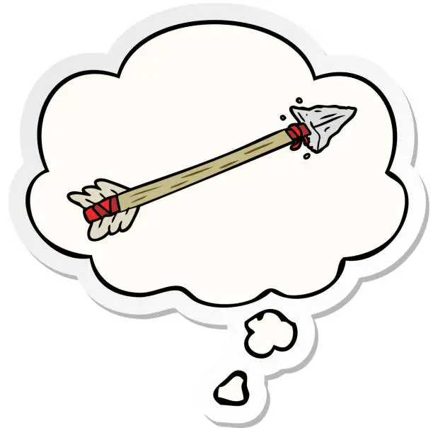 Vector illustration of cartoon arrow with thought bubble as a printed sticker