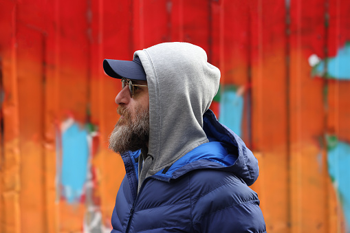 Beard man portrait with city colors