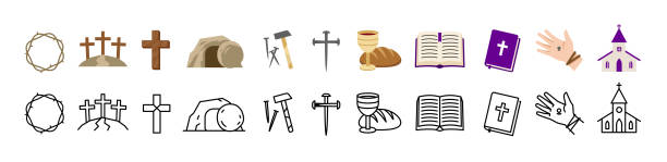 He is risen icons set. Religion icons set. Religion icons set. He is risen icons set. nail cross stock illustrations