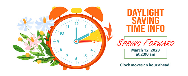 Daylight Saving Time Begins concept banner. Vector illustration of clock and info with calendar date of changing time in march 12, 2023. Spring Forward Time illustration banner. Change clocks ahead