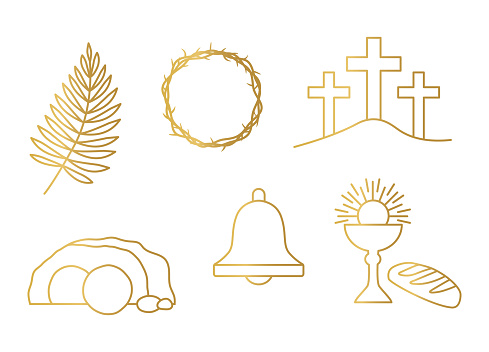 golden set of Easter related icons: palm leaf, crown of thornes, mount Calvary, Jesus tomb, bell, holy communion chalice and bread icon- vector illustration