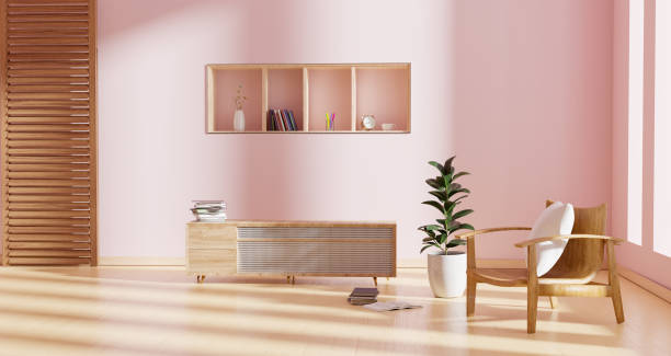 istock Pink pastel living room mock up design, 3d illustration rendering 1463833141