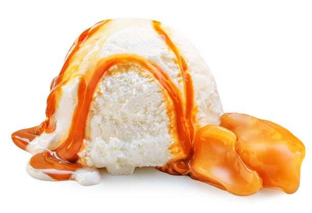 istock Vanilla ice cream with Melting caramel sauce isolated on white background 1463833957
