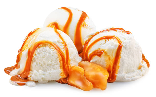 istock Vanilla ice cream with Melting caramel sauce isolated on white background 1463833960