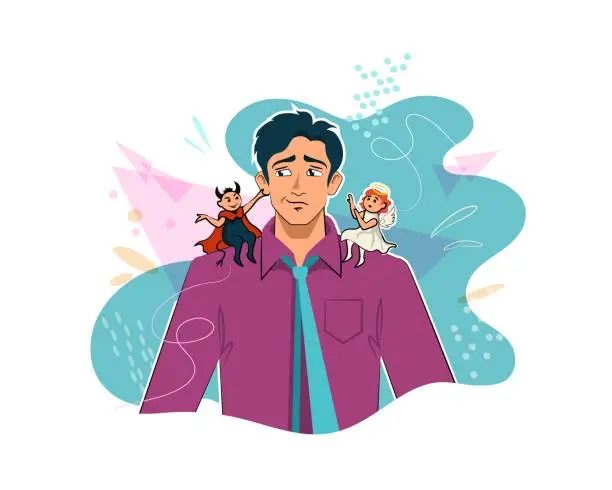 Vector illustration of Young man doubts between angel and demon choice