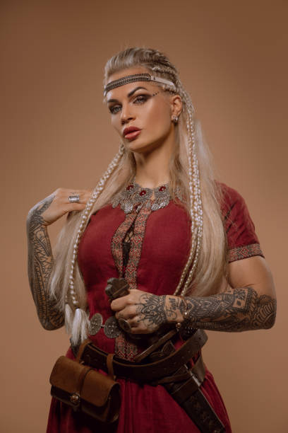 istock Weapon wielding blonde viking warrior queen in studio shot 1463834788
