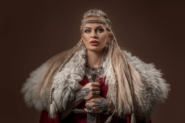 istock Weapon wielding blonde viking warrior queen in studio shot 1463834879
