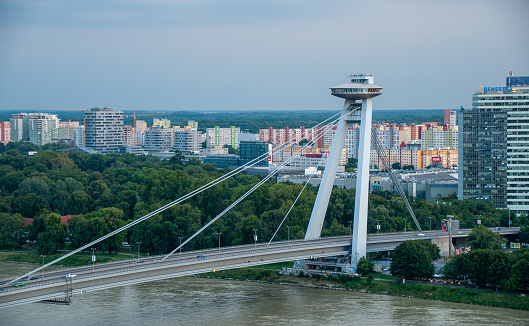 Most SNP Bridge and UFO Tower over the Danube River in Bratislava