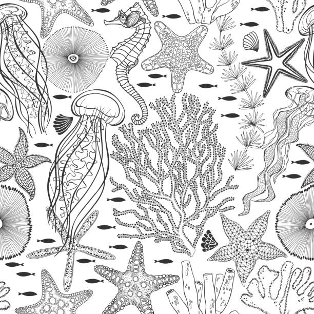 illustrazioni stock, clip art, cartoni animati e icone di tendenza di mondo sottomarino. modello vettoriale senza cuciture su bianco. perfetto per modelli di design, carta da parati, avvolgimento, tessuto e tessuto. - water plant coral sea jellyfish