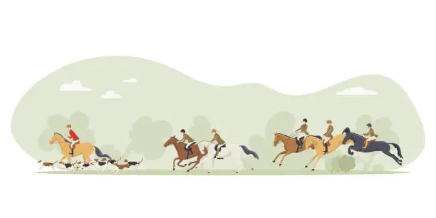 Vector illustration of Tradition fox hunting with horse riders english style on landscape
