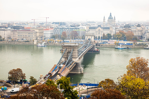 Budapest cityscape view across Danube river with city parliament at day