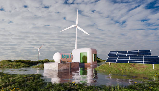 istock Hydrogen fuel storage and solar panel with wind turbines, green power concept 1463837789