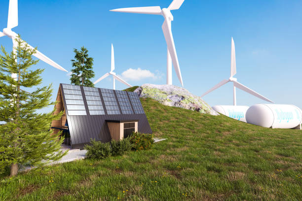istock A frame house with hydrogen fuel storage and wind turbine, green power concept 1463838334