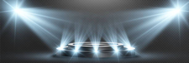 istock Podium, pedestal or platform, illuminated by spotlights in the background. Vector illustration. Bright light. Light from above. Advertising place 1463838449
