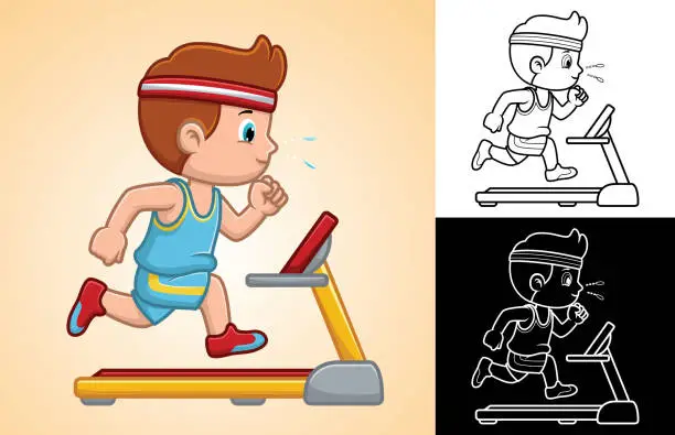 Vector illustration of Vector cartoon of little boy running on treadmill