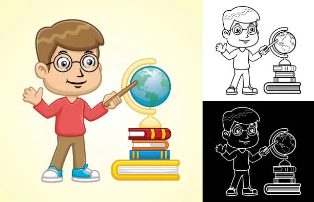 Vector illustration of Vector cartoon of boy with globe and books