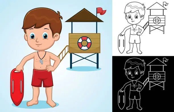 Vector illustration of Vector cartoon of lifeguard boy holding lifebuoy on lifeguard tower background