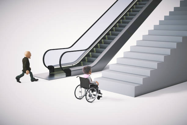 車椅子の障害者が階段の前で立ち止まった。 - disablement ストックフォトと画像