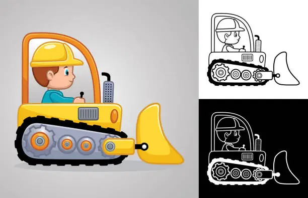 Vector illustration of Vector cartoon of little boy driving bulldozer