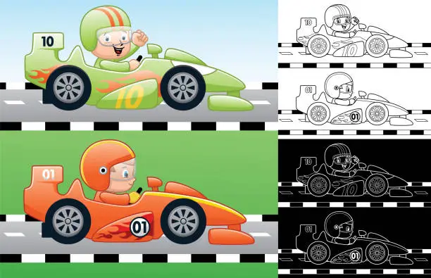 Vector illustration of Vector cartoon of speed car racing with little boy racer