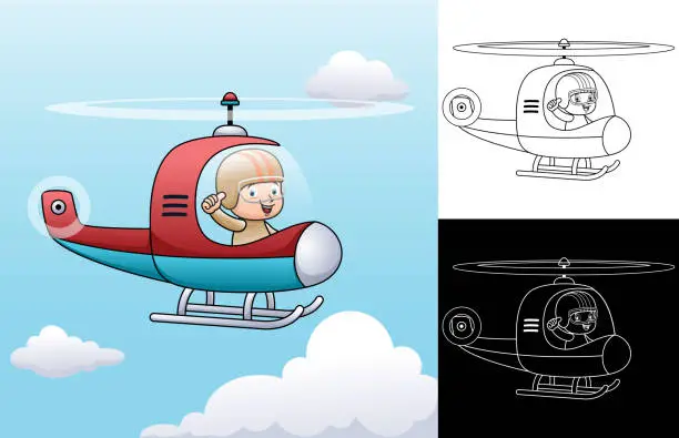 Vector illustration of Vector cartoon of helicopter with little pilot. Coloring book or page