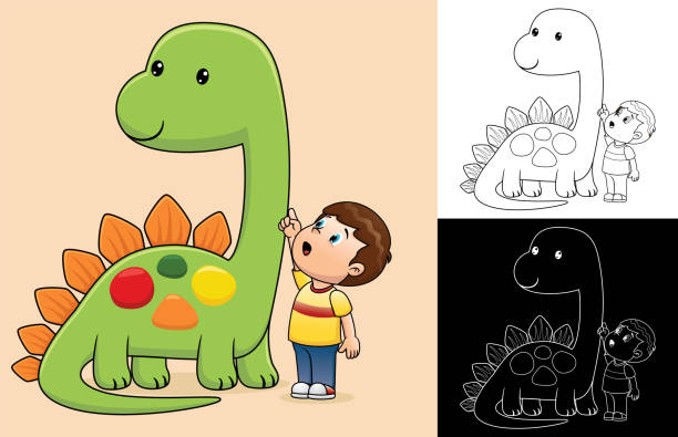 vektor-cartoon eines kleinen jungen mit riesigem dinosaurier - short story stock-grafiken, -clipart, -cartoons und -symbole
