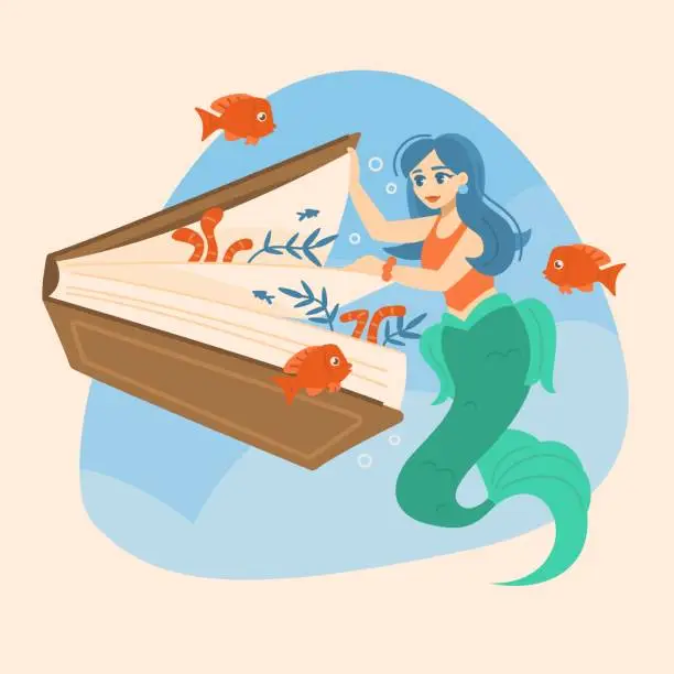 Vector illustration of Open book of fairy tales with little mermaid
