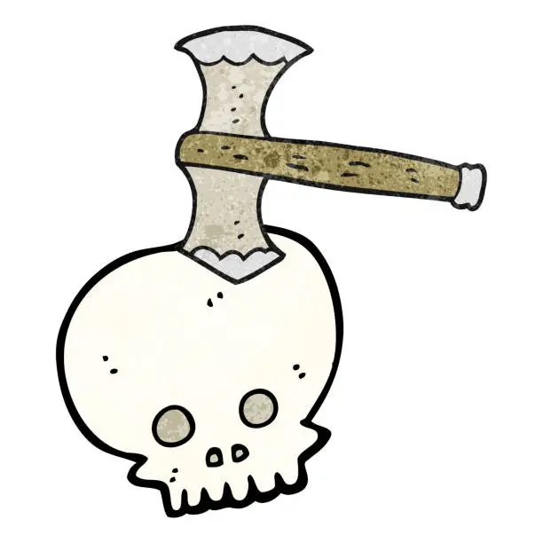 Vector illustration of freehand textured cartoon axe in skull