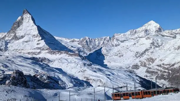 The view of the Matterhorn and the Gornergrat Bahn from Gornergrat in Switzerland